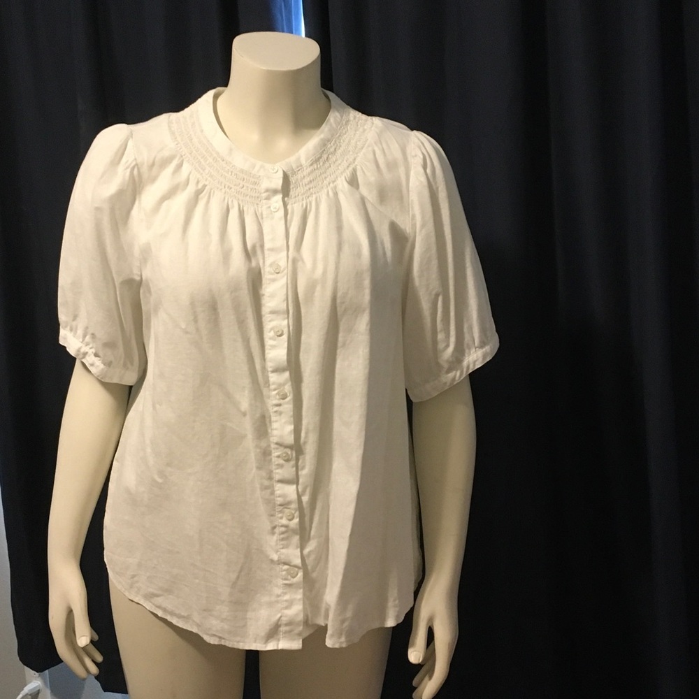 J. Crew White Button-Front Smocked Yoke Blouse